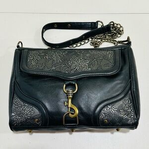 BRACIANO Women’s BLACK PURSE WITH EMBOSSED SILVER FLORAL Crossbody Bag Soft